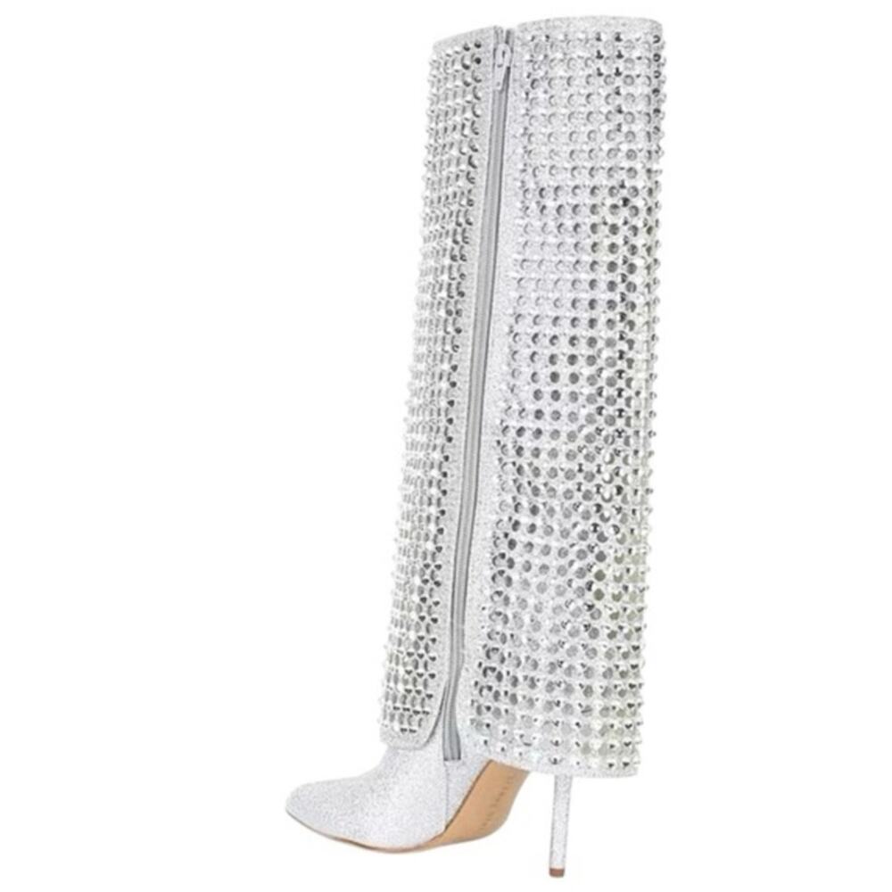 Gianni Bini Lowry Rhinestone Foldover Tall Boots Silver Glitter Zipper Size 7 - Picture 5 of 12